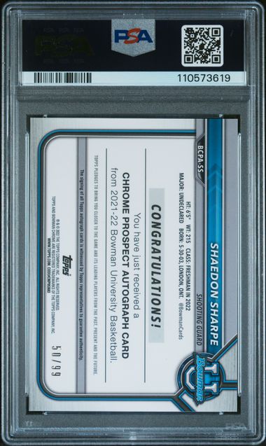 2021 Bowman University Chrome Prospect Autographs Shaedon Sharpe #Ss (Chr.prospect Au-Green Ref.) Nm-Mt 8 back