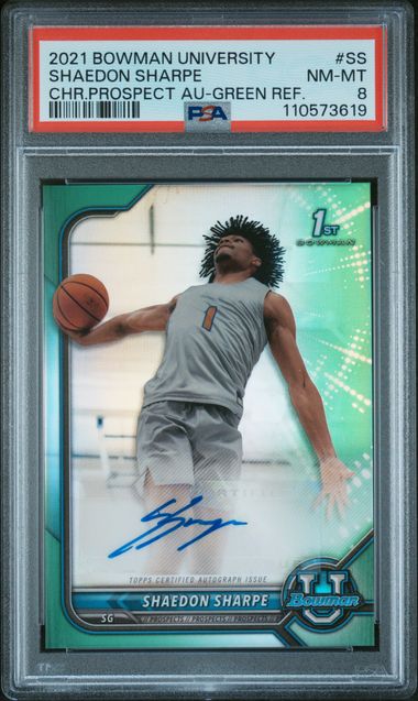 2021 Bowman University Chrome Prospect Autographs Shaedon Sharpe #Ss (Chr.prospect Au-Green Ref.) Nm-Mt 8 front