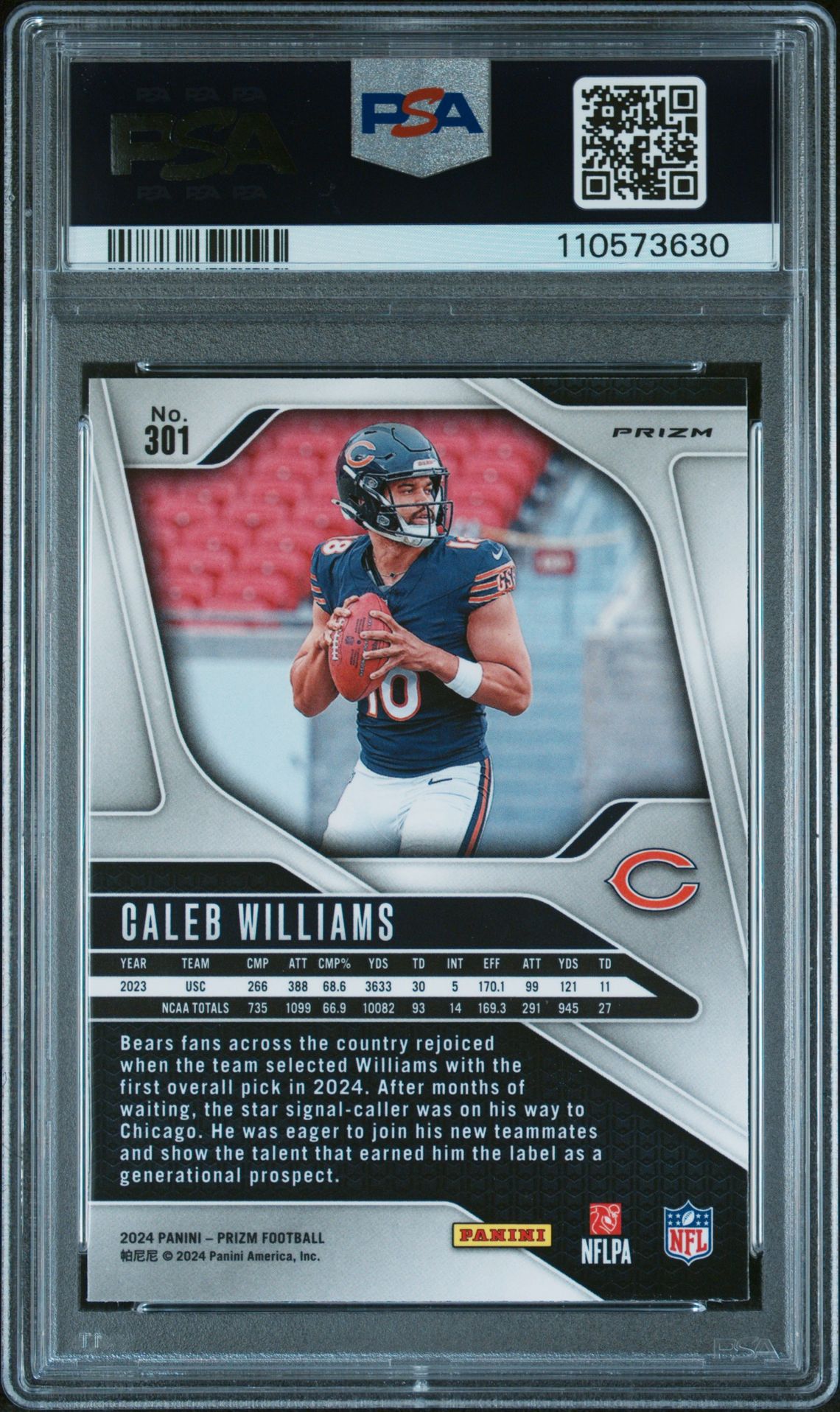 2024 Panini Prizm Caleb Williams #301 (Lazer Prizm) Gem Mt 10 back