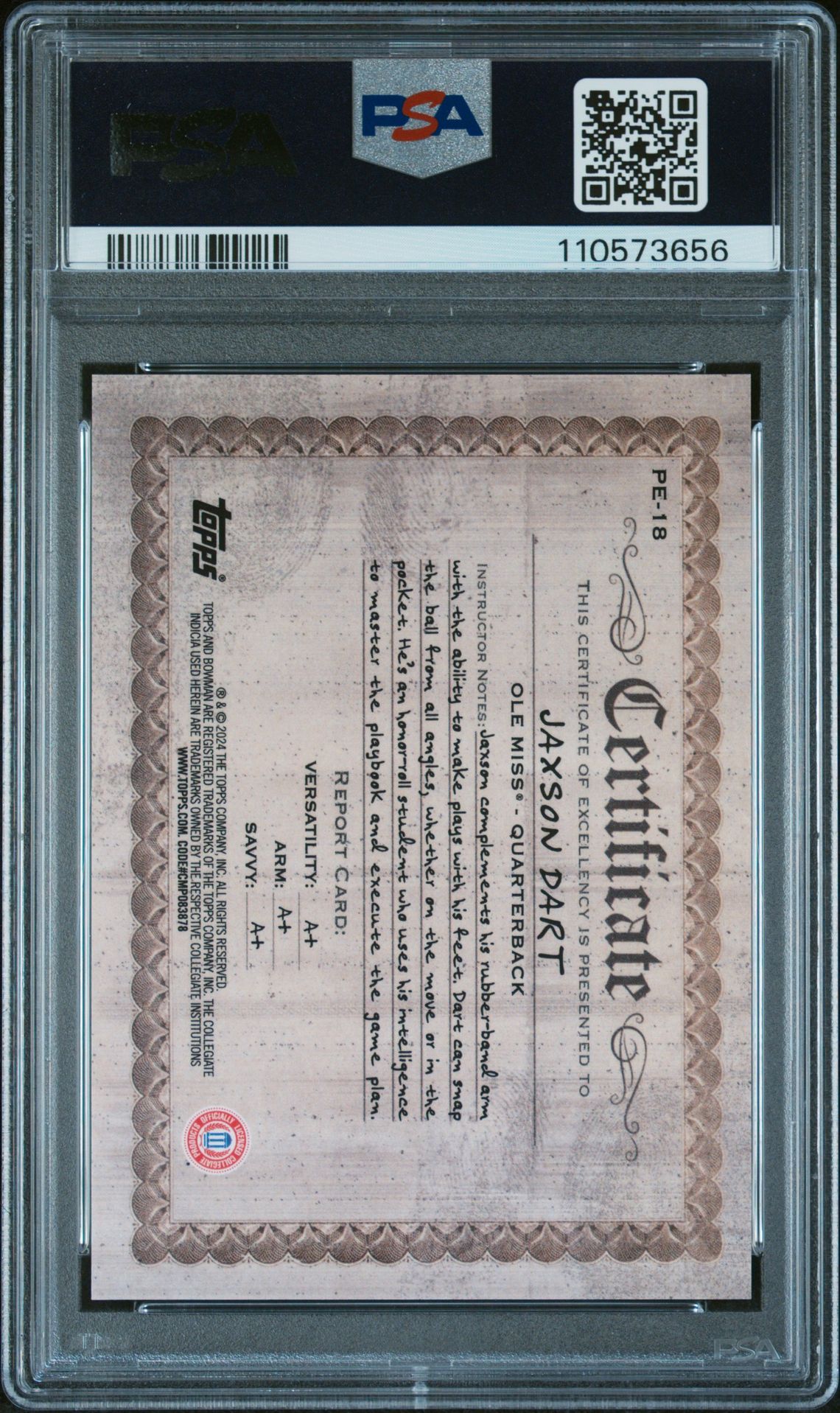 2024 Bowman University Chrome Physical Education Jaxson Dart #Pe18 Gem Mt 10 back