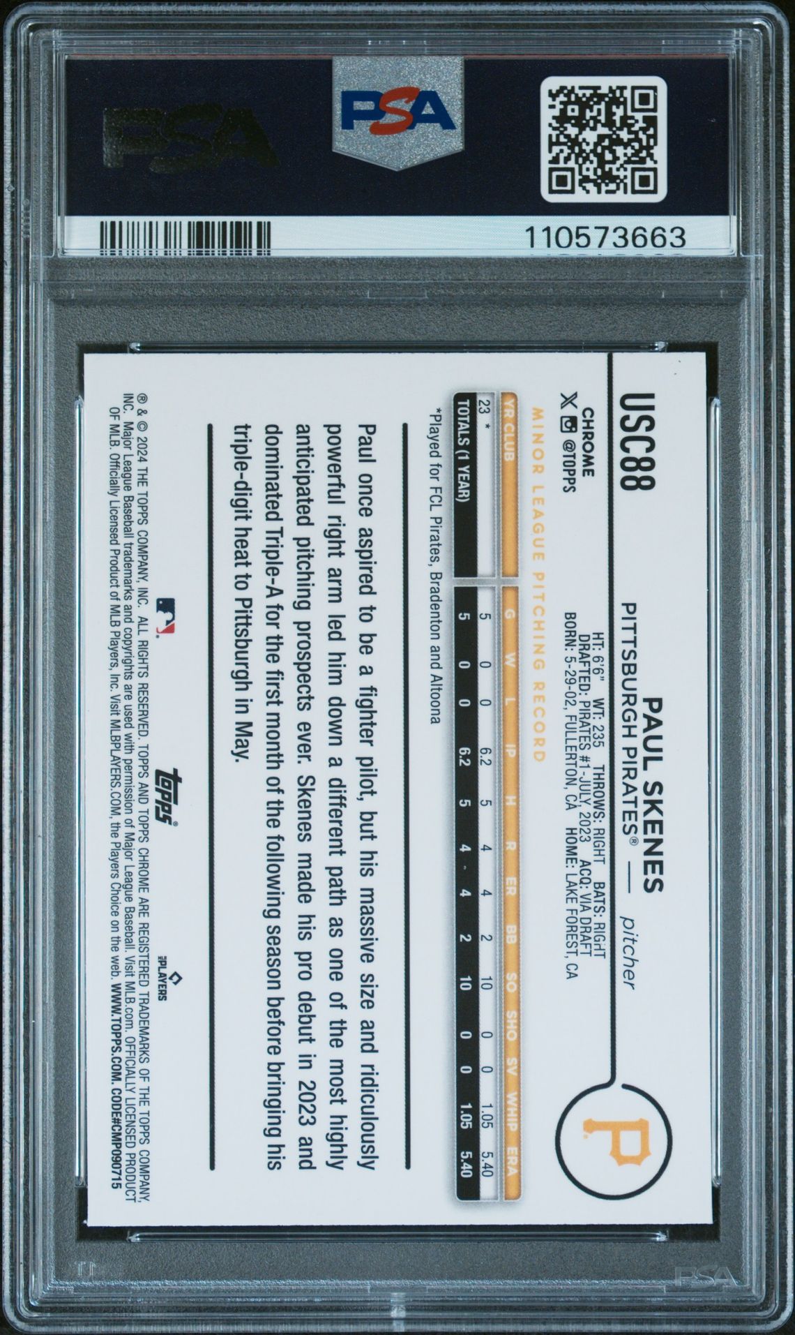 2024 Topps Chrome Update Paul Skenes #Usc88 (X-Fractor) Gem Mt 10 back