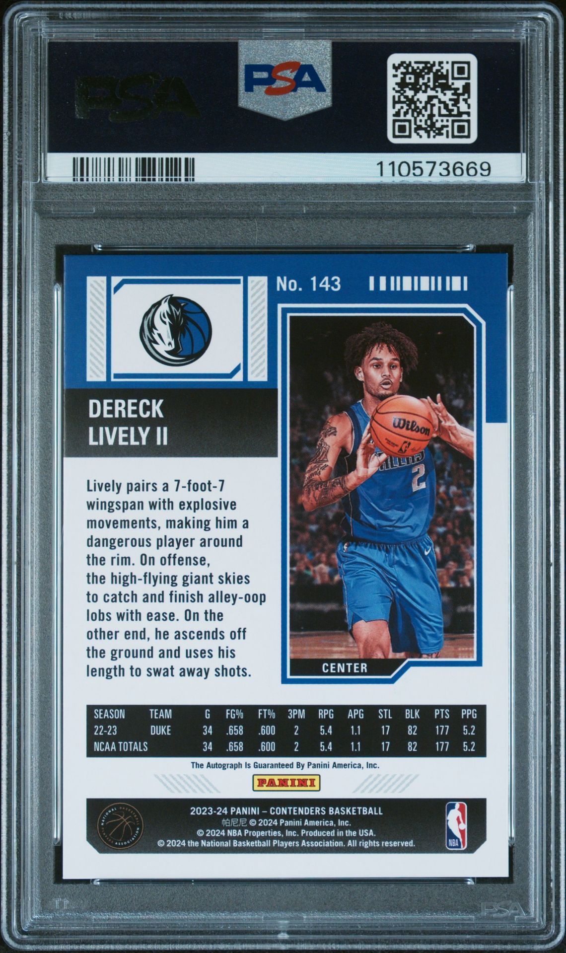 2023 Panini Contenders Dereck Lively Ii #143 (Autograph) Mint 9 back