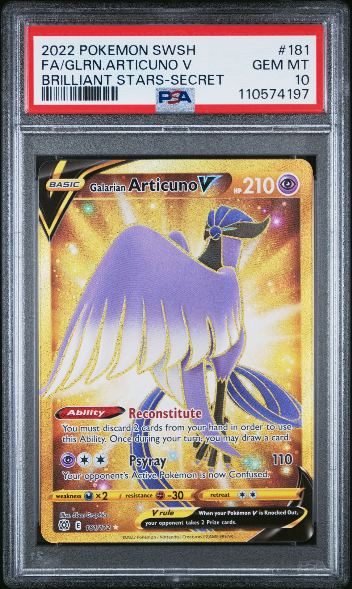 2022 Pokemon Sword & Shield Brilliant Stars Fa/Glrn.articuno V #181 (Brilliant Stars-Secret) Gem Mt 10 front