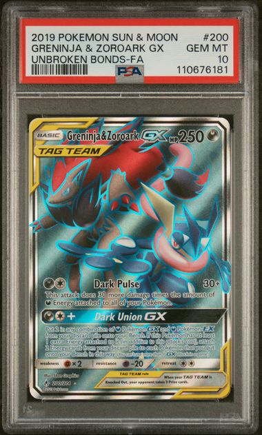 2019 POKEMON SUN & MOON UNBROKEN BONDS #200 GRENINJA & ZOROARK GX UNBROKEN BONDS-FA (PSA 10) (PSA 10) – 110676181