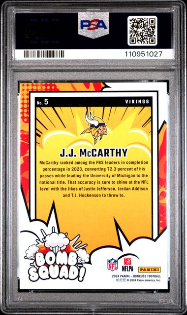2024 Panini Donruss Bomb Squad Jj Mccarthy #5 Gem Mt 10 back
