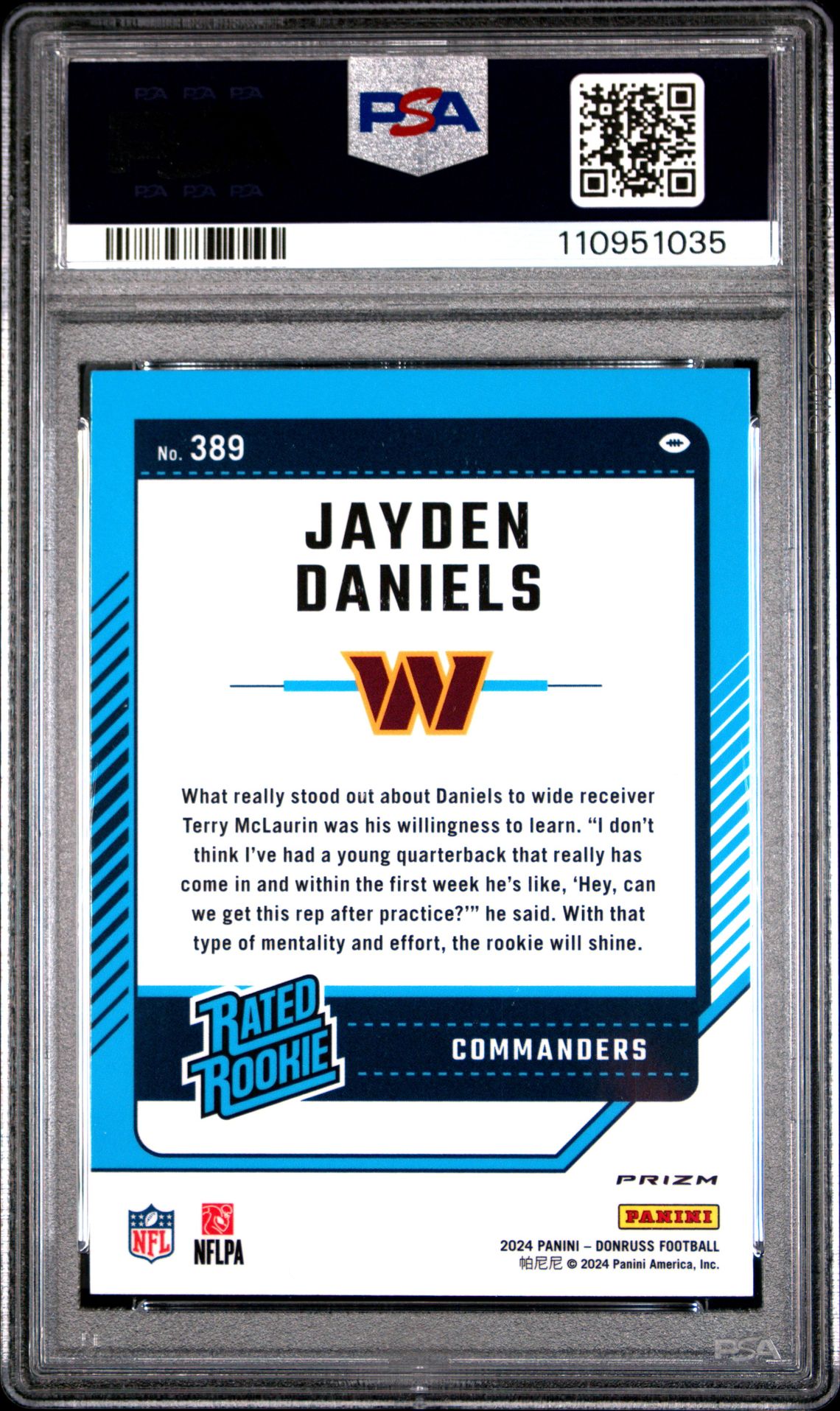 2024 Panini Donruss Jayden Daniels #389 (Optic Preview-Red Wave) Gem Mt 10 back