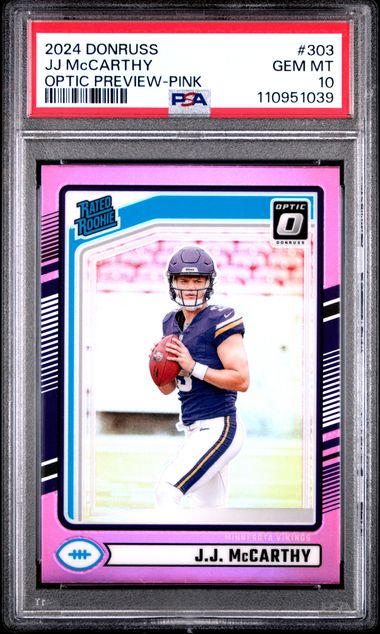 2024 Panini Donruss Jj Mccarthy #303 (Optic Preview-Pink) Gem Mt 10 front