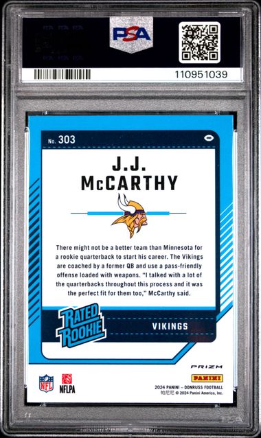 2024 Panini Donruss Jj Mccarthy #303 (Optic Preview-Pink) Gem Mt 10 back