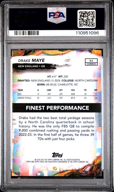2024 Topps Finest Drake Maye #62 Gem Mt 10 back