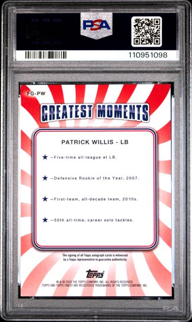 2024 Topps Finest Finest Greats Autographs Patrick Willis #Fgpw (Finest Greats Au-Blue Chkbd) Gem Mt 10 back