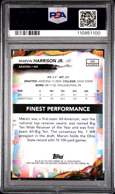 2024 Topps Finest Marvin Harrison Jr. #189 (Sky Blue Refractor) Gem Mt 10 back