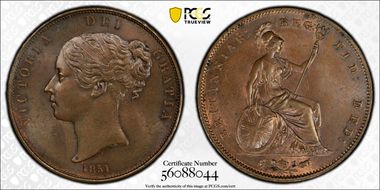 1851 1D S-3948 Near colon MS63BN