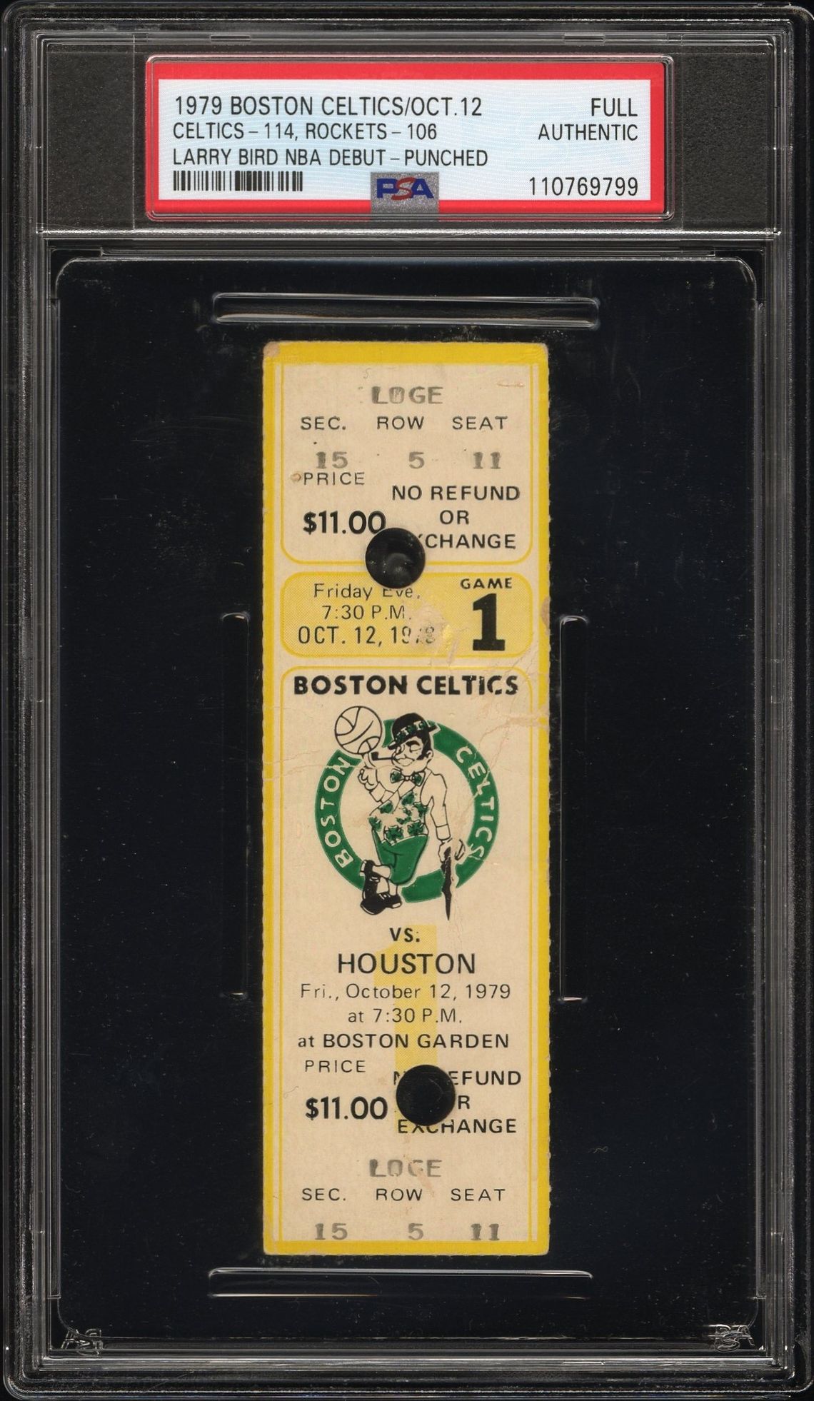 PSA Authentic Larry Bird NBA debut full ticket from 12 October 1979, punched twice, an $11.00 loge seat at Boston Garden