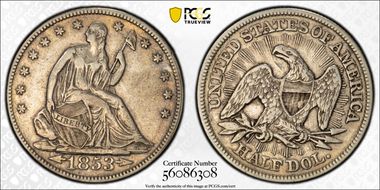 1853 50C Arrows & Rays VF35