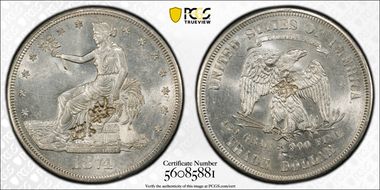 1874-S T$1 Chopmarked AU58
