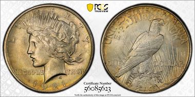 1921 $1 High Relief, Peace MS63