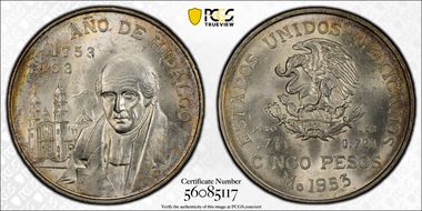 1953-Mo 5 Peso Hidalgo KM-468  Ag MS64