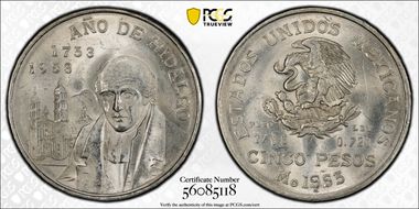 1953-Mo 5 Peso Hidalgo KM-468  Ag MS63