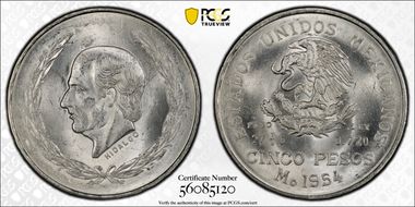 1954-Mo 5 Peso Hidalgo KM-467  Ag MS64