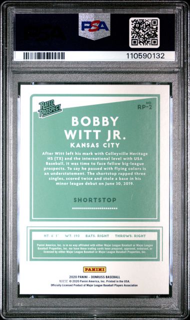 2020 Panini Donruss Rated Prospects Bobby Witt Jr. #Rp2 (Rated Prospect-Vector) Gem Mt 10 back