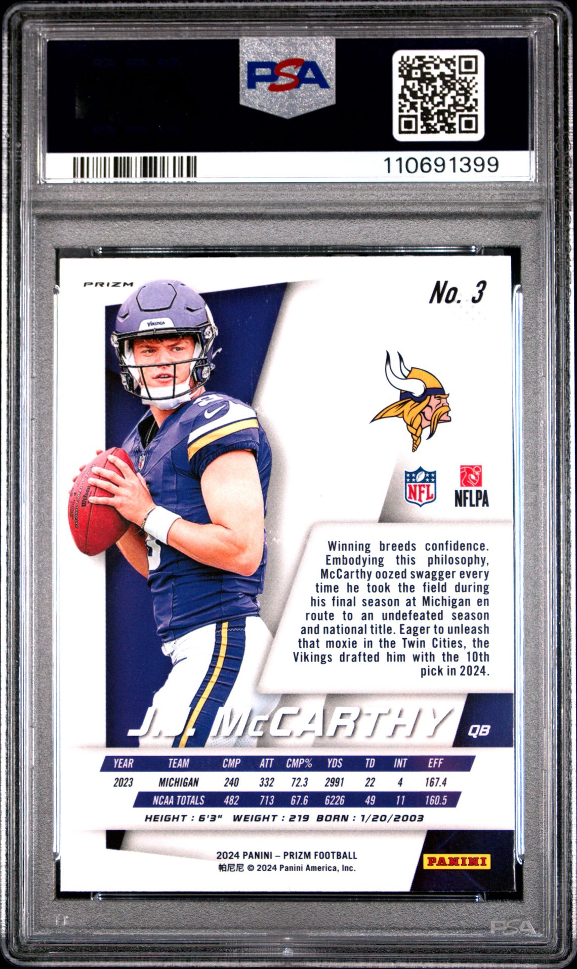 2024 Panini Prizm Prizm Flashback Rookie Jj Mccarthy #3 Gem Mt 10 back