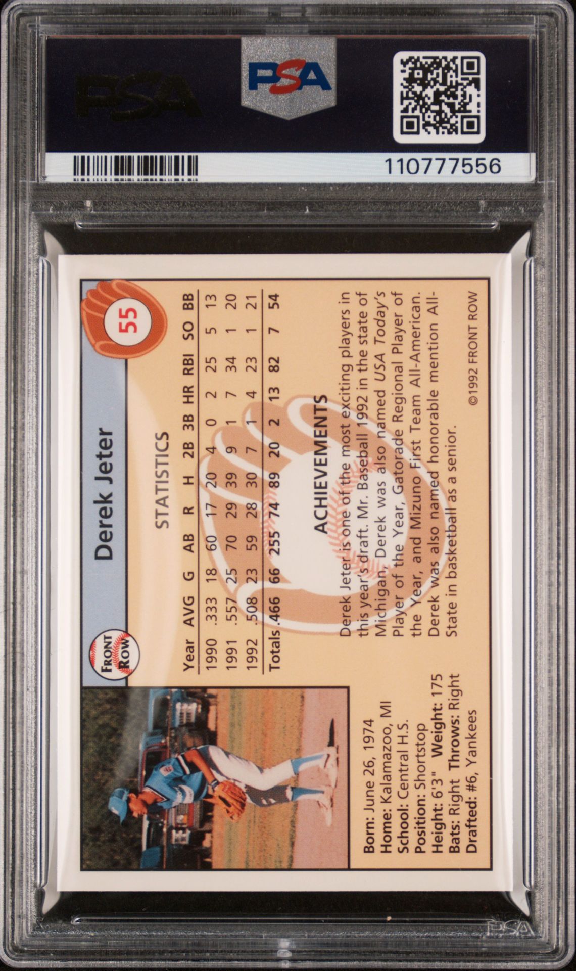 1992 Front Row Draft Picks Derek Jeter #55 (Draft Picks) Mint 9 back