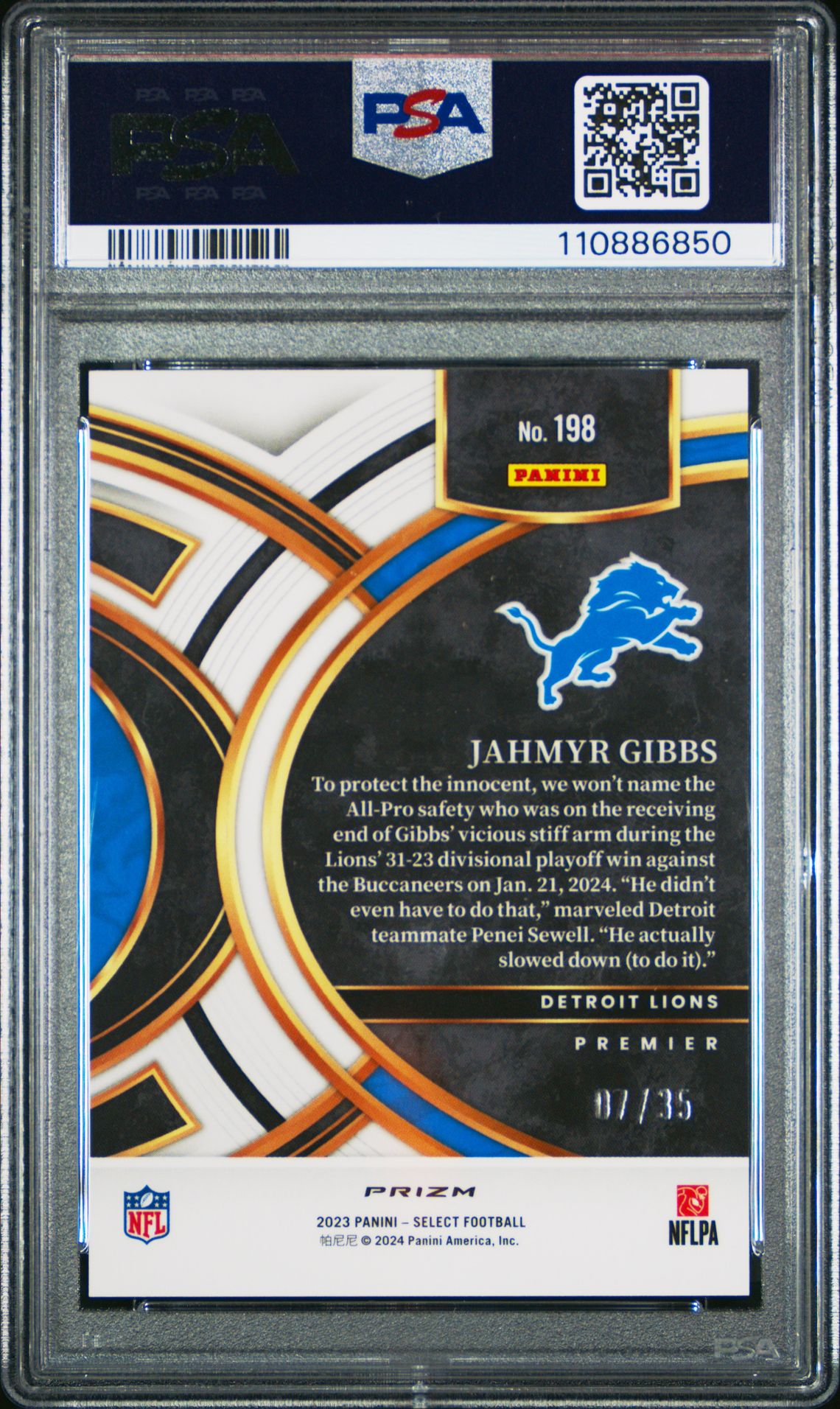 2023 Panini Select Jahmyr Gibbs #198 (White Prizm) Gem Mt 10 back