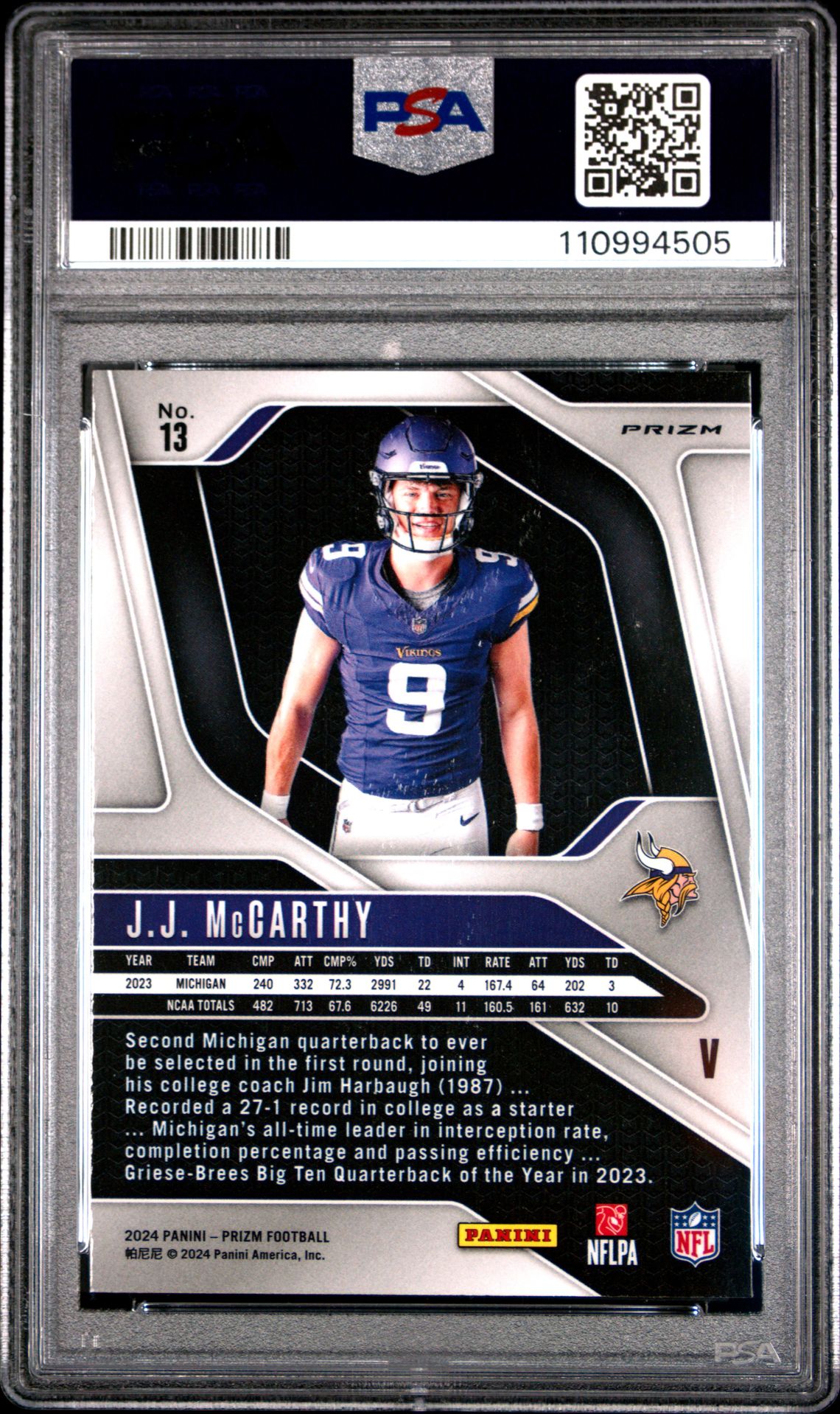 2024 Panini Prizm Rookie Variation Jj Mccarthy #13 Mint 9 back