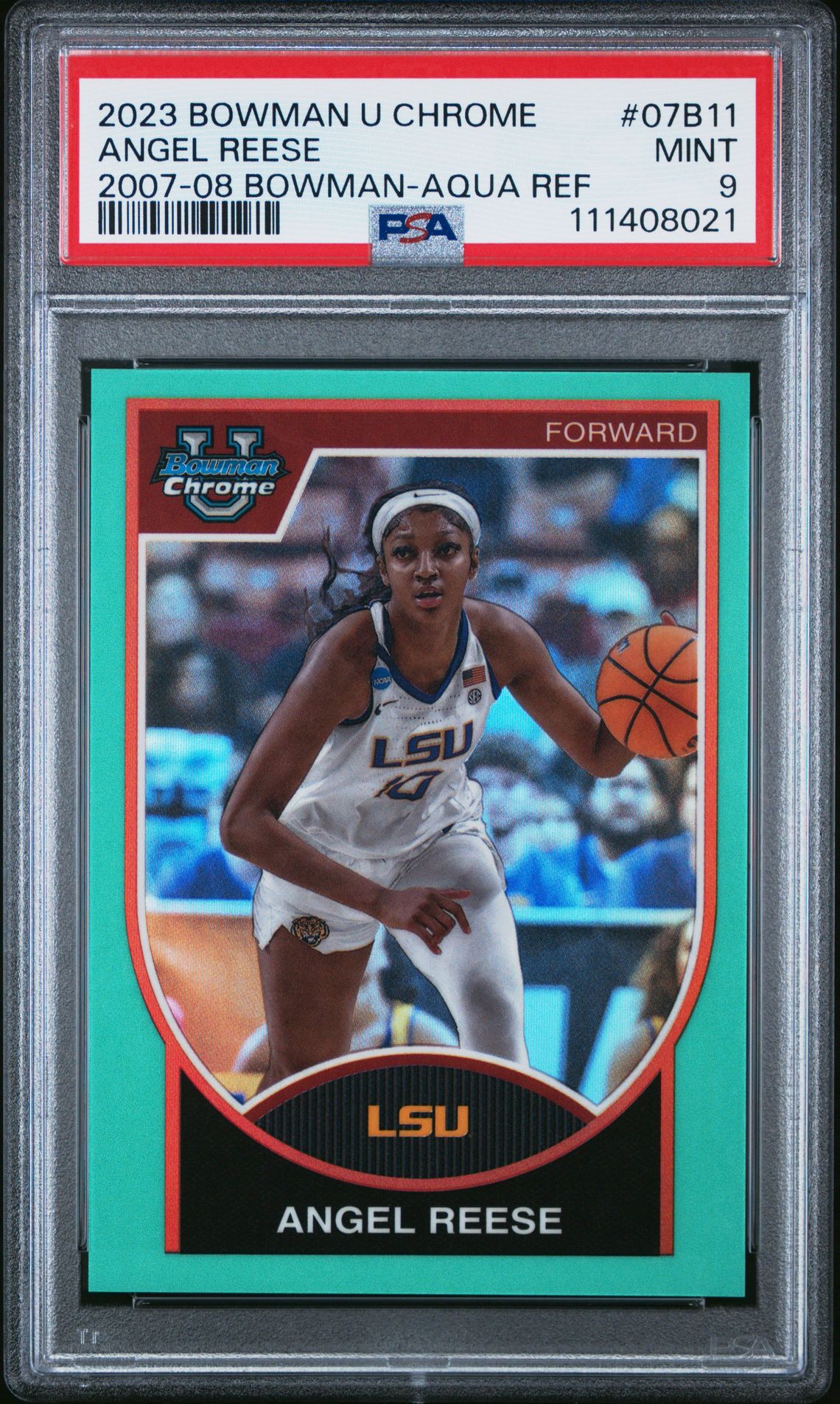 2023 Bowman BOWMAN UNIVERSITY CHROME 2007-08 BOWMAN 08 BOWMAN-AQUA REF #07B11 Angel Reese front