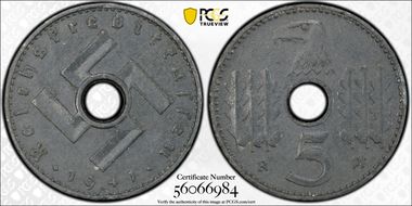 1941-A 5 Pfg Military Issue AU58