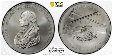 (2019) Medal James Madison "1809" Silver Matte Finish MS70