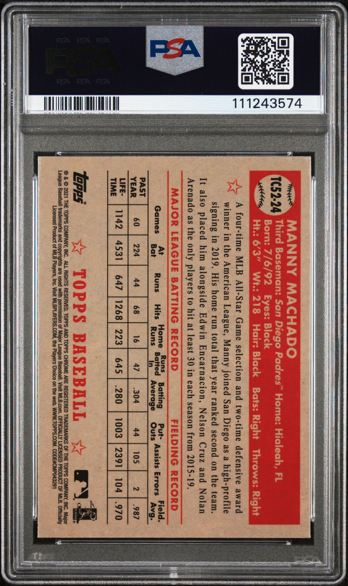 2021 Topps 1952 Topps Redux Manny Machado #Tc5224 (1952 Topps Redux-Chrome) Mint 9 back