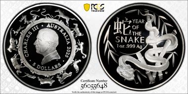 2025 $5 Year of the Snake Domed Ag PR69DCAM