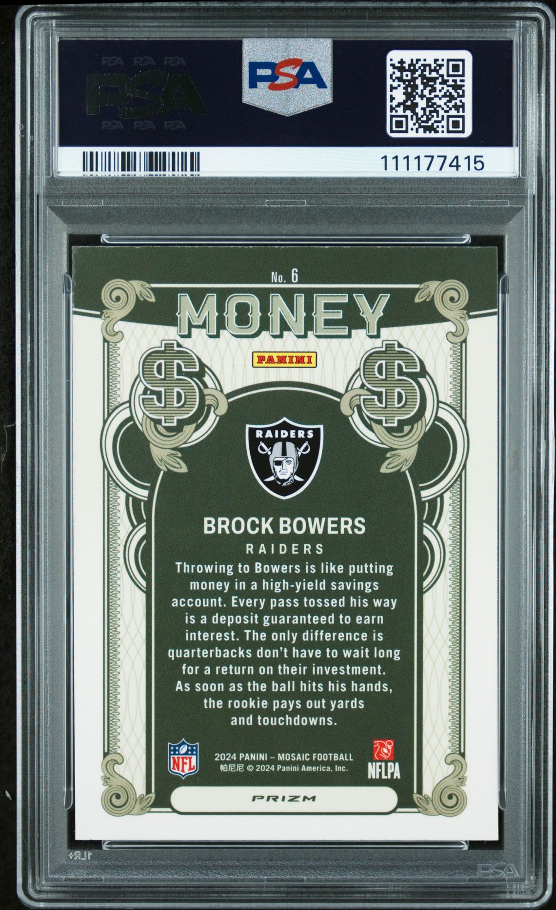 2024 Panini Mosaic Money Brock Bowers #6 Gem Mt 10 back