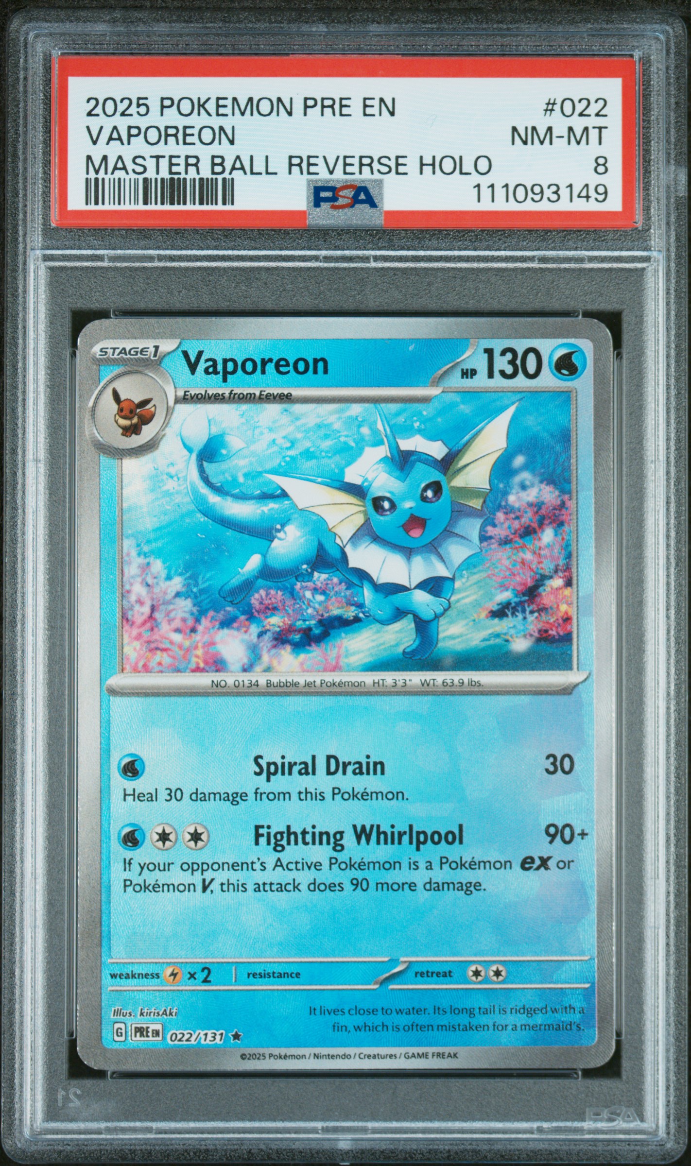 2025 #022 Vaporeon Master Ball Reverse Holo PSA 8 Pre EN-Prismatic Evolutions