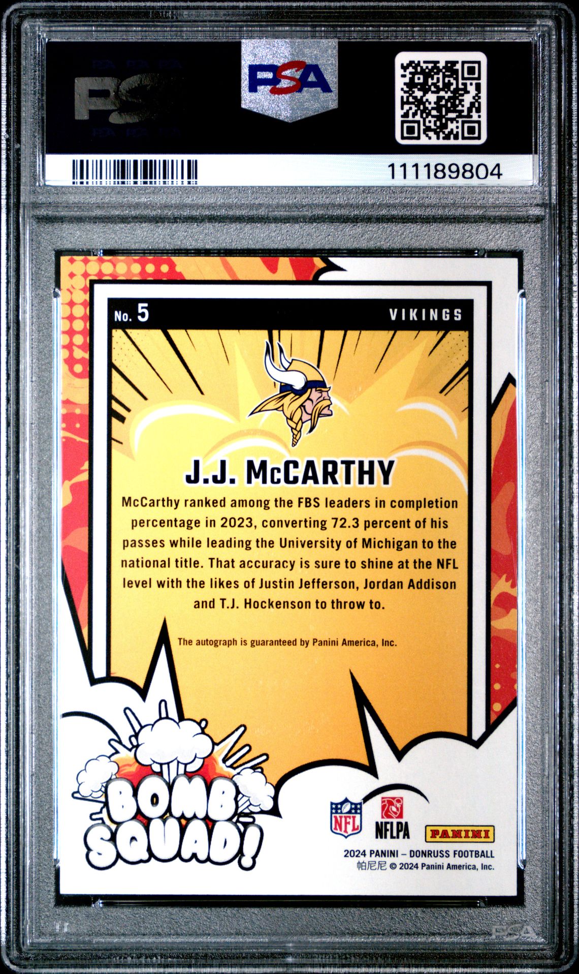 2024 Panini Donruss Bomb Squad Autographs Jj Mccarthy #5 Gem Mt 10 back