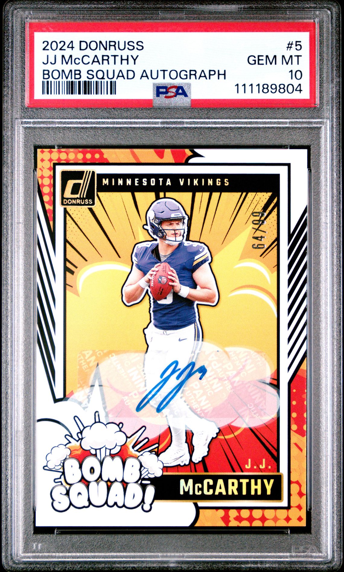 2024 Panini Donruss Bomb Squad Autographs Jj Mccarthy #5 Gem Mt 10 front