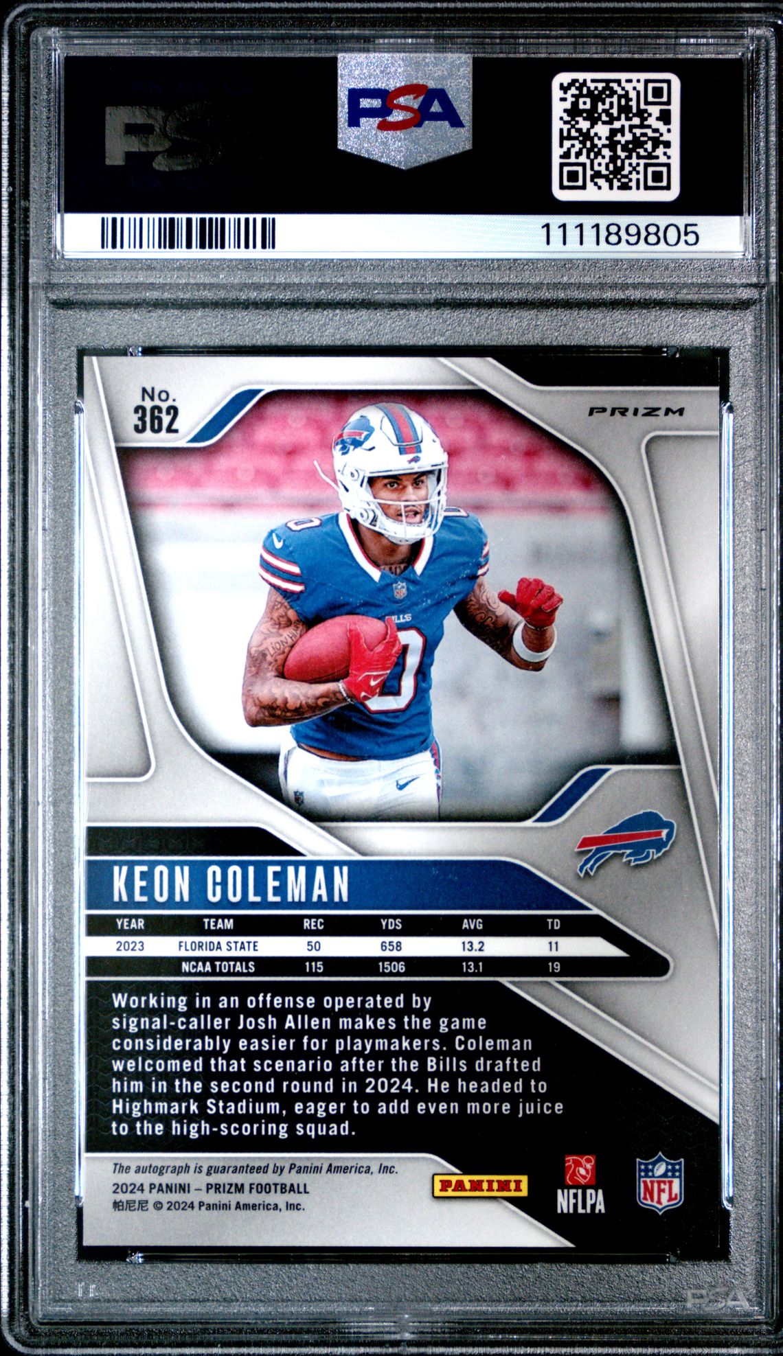 2024 Panini Prizm Keon Coleman #362 (Autograph-No Huddle) Gem Mt 10 back