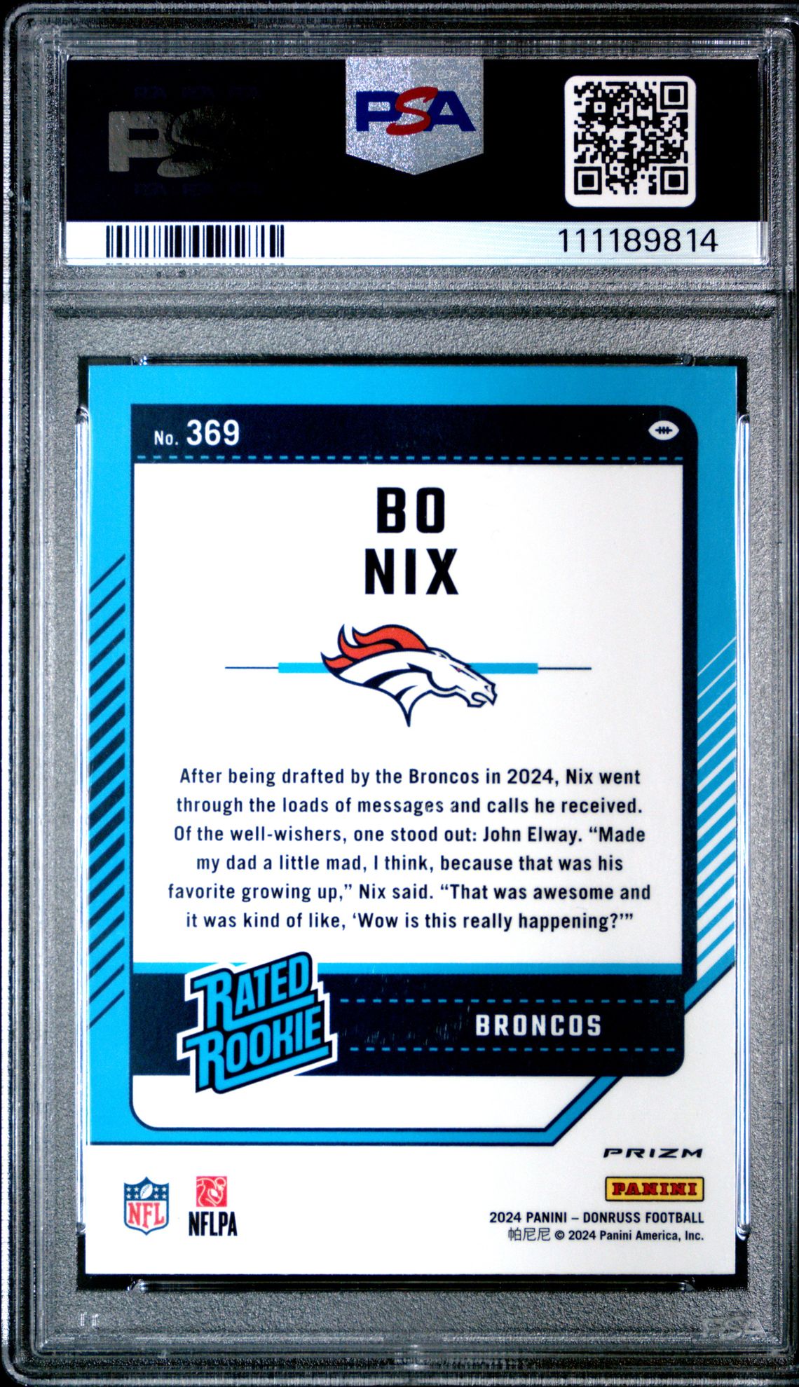 2024 Panini Donruss Bo Nix #369 (Optic Preview-Red Wave) Gem Mt 10 back