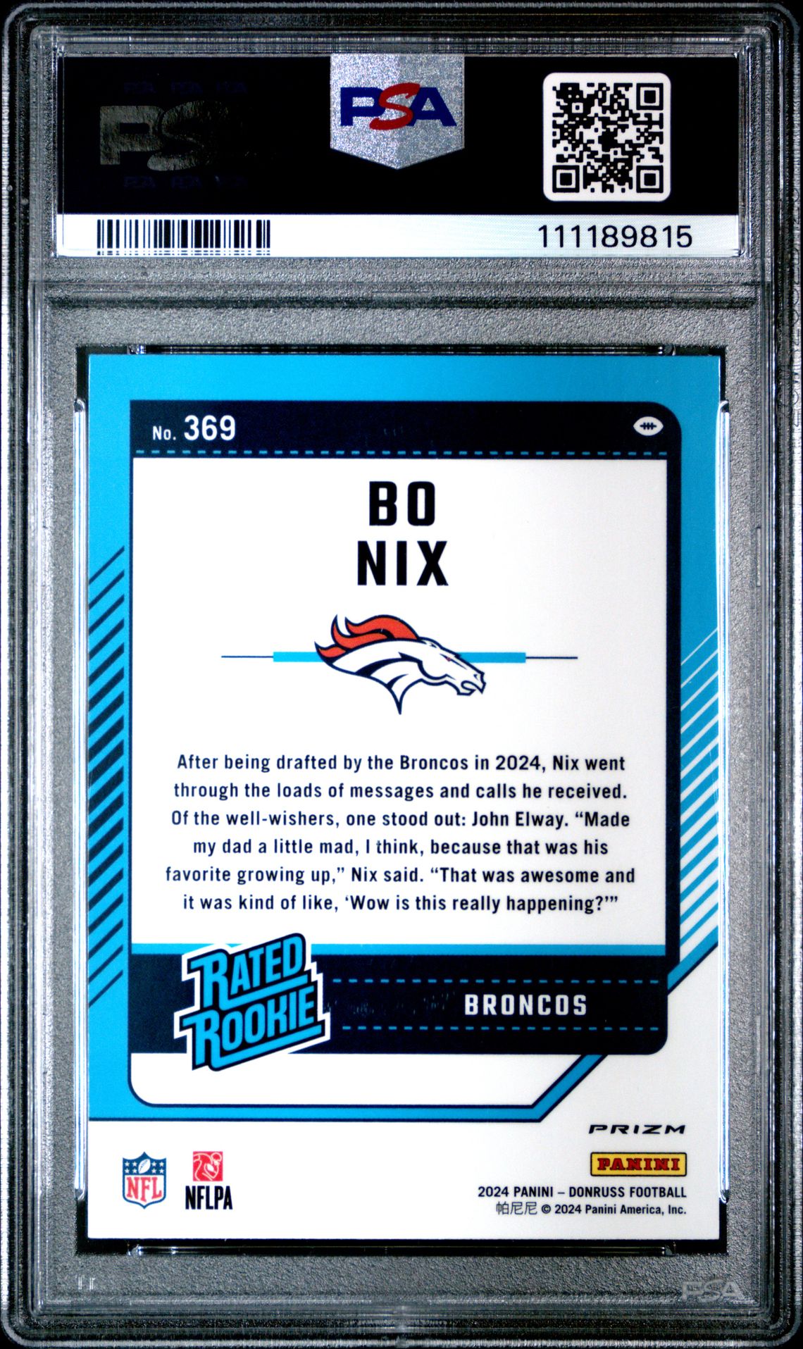 2024 Panini Donruss Bo Nix #369 (Optic Preview-Red Wave) Gem Mt 10 back