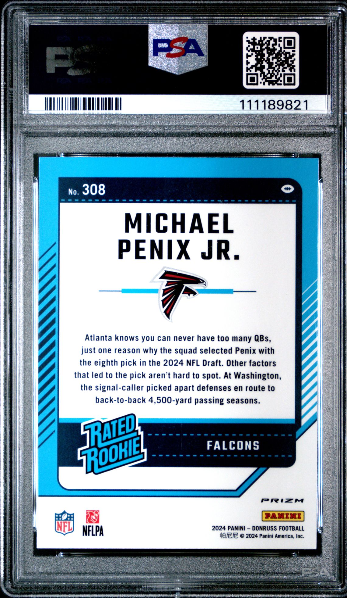 2024 Panini Donruss Michael Penix Jr. #308 (Optic Preview-Red Wave) Gem Mt 10 back