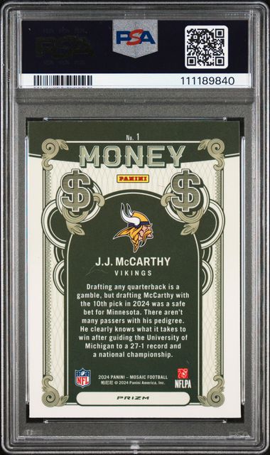 2024 Panini Mosaic Money Jj Mccarthy #1 Mint 9 back