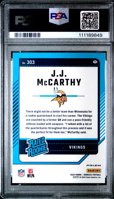 2024 Panini Donruss Jj Mccarthy #303 (Optic Preview-Red & Green) Mint 9 back