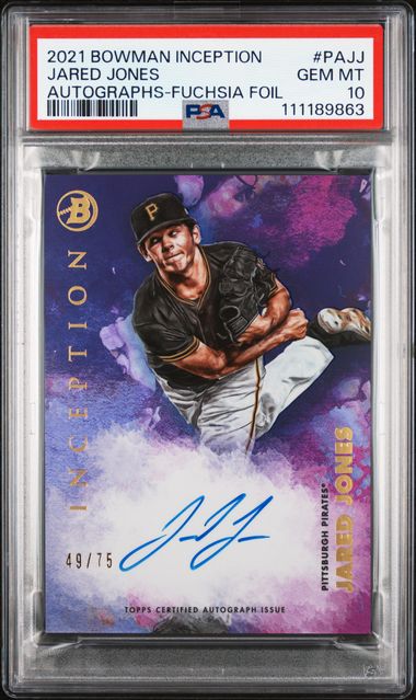 2021 Bowman Inception Autographs Jared Jones #Pajj (Autographs-Fuchsia Foil) Gem Mt 10 front