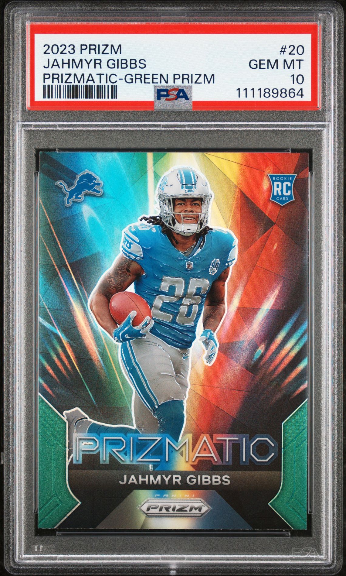 2023 Panini Prizm Prizmatic Jahmyr Gibbs #20 (Prizmatic-Green Prizm) Gem Mt 10 front
