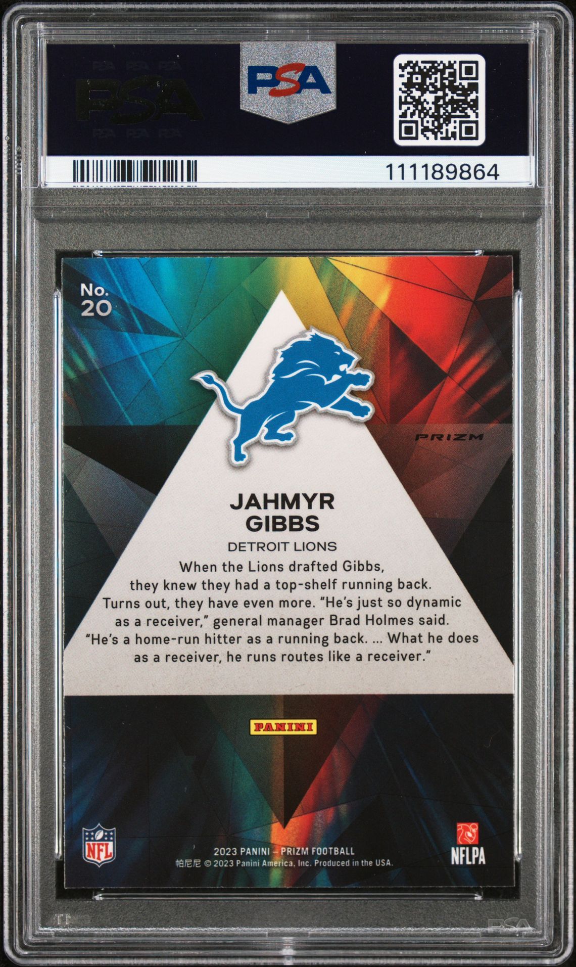 2023 Panini Prizm Prizmatic Jahmyr Gibbs #20 (Prizmatic-Green Prizm) Gem Mt 10 back