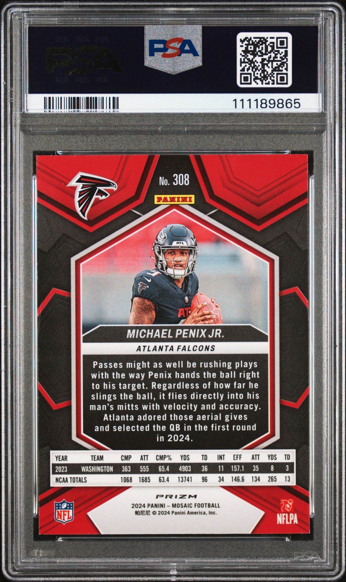 2024 Panini Mosaic Michael Penix Jr. #308 (Reactive Blue) Mint 9 back