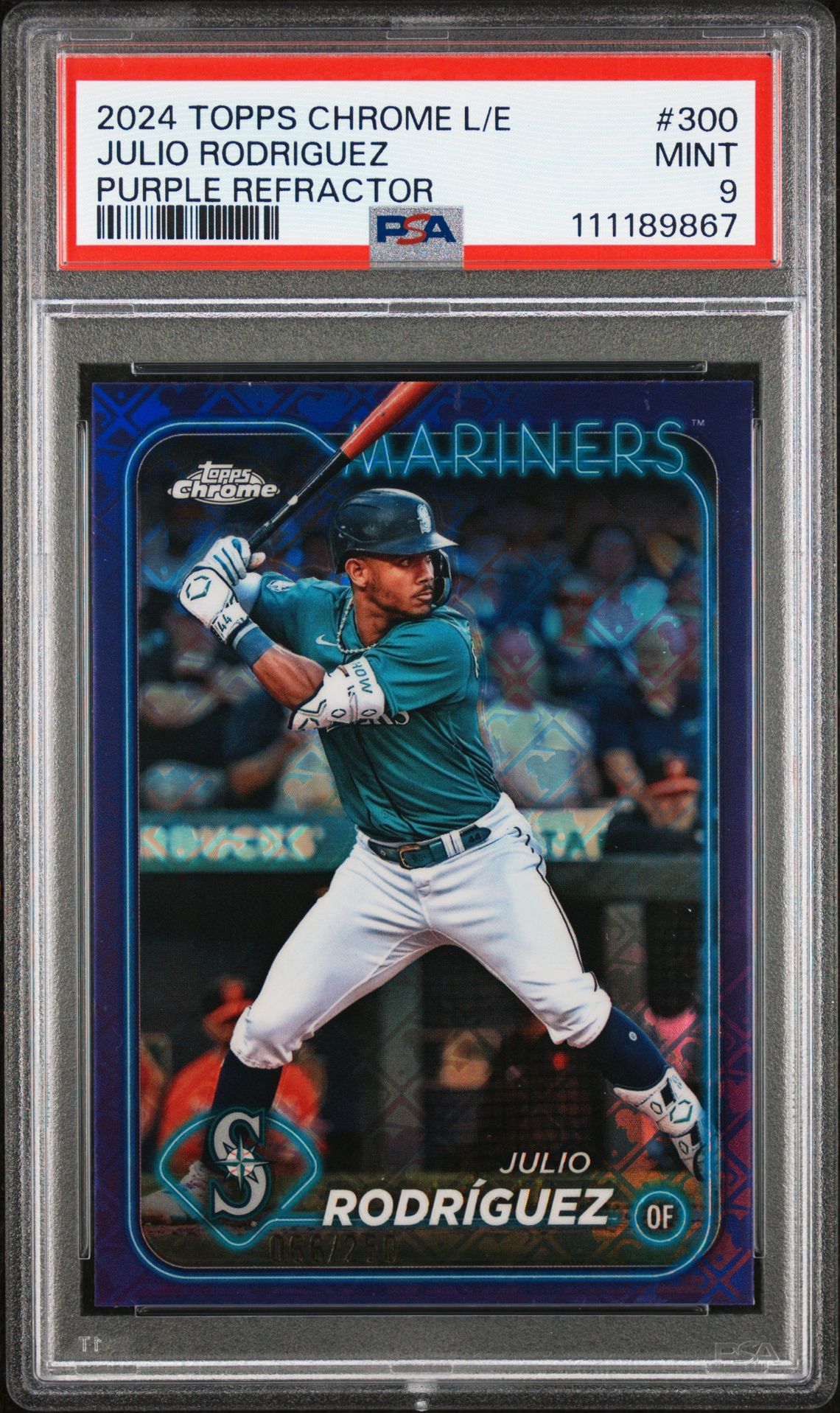 2024 Topps Chrome Logofractor Edition Julio Rodriguez #300 (Purple Refractor) Mint 9 front