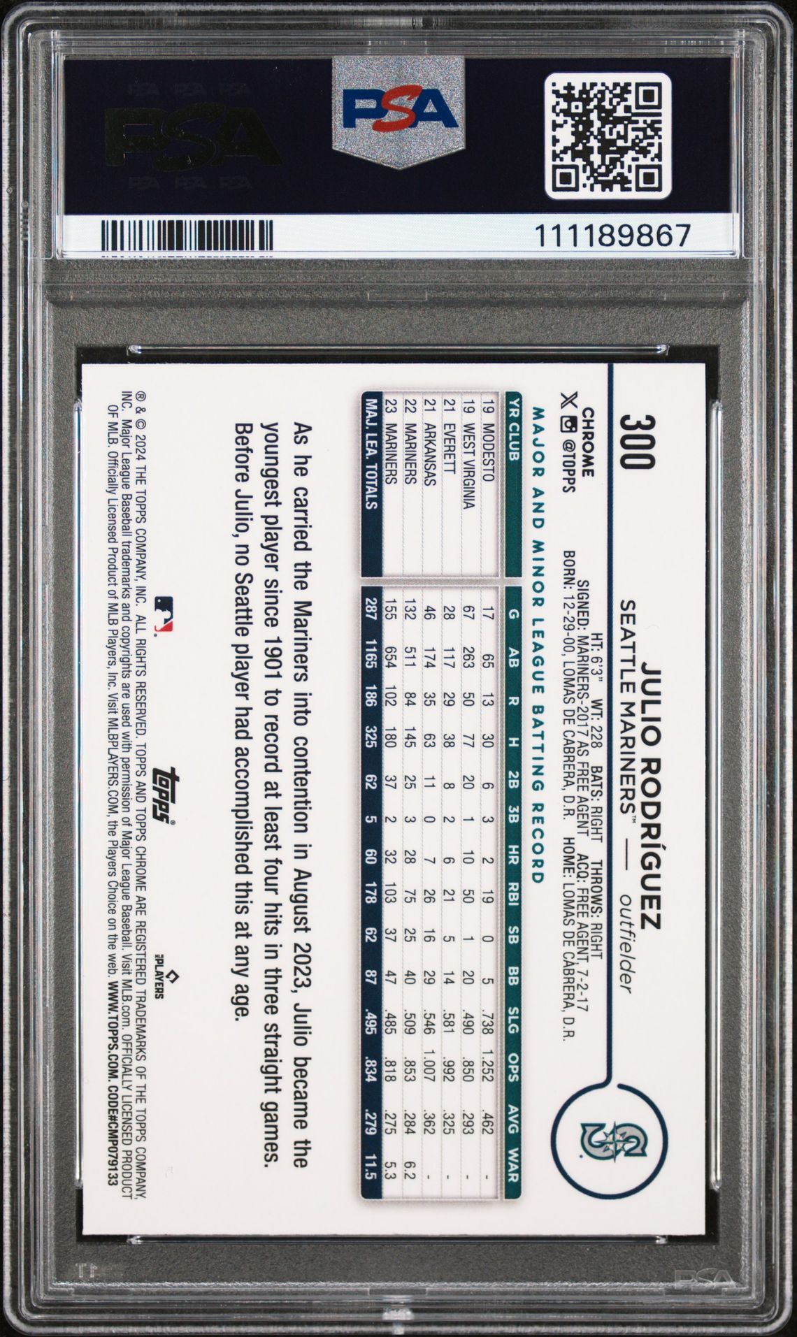 2024 Topps Chrome Logofractor Edition Julio Rodriguez #300 (Purple Refractor) Mint 9 back