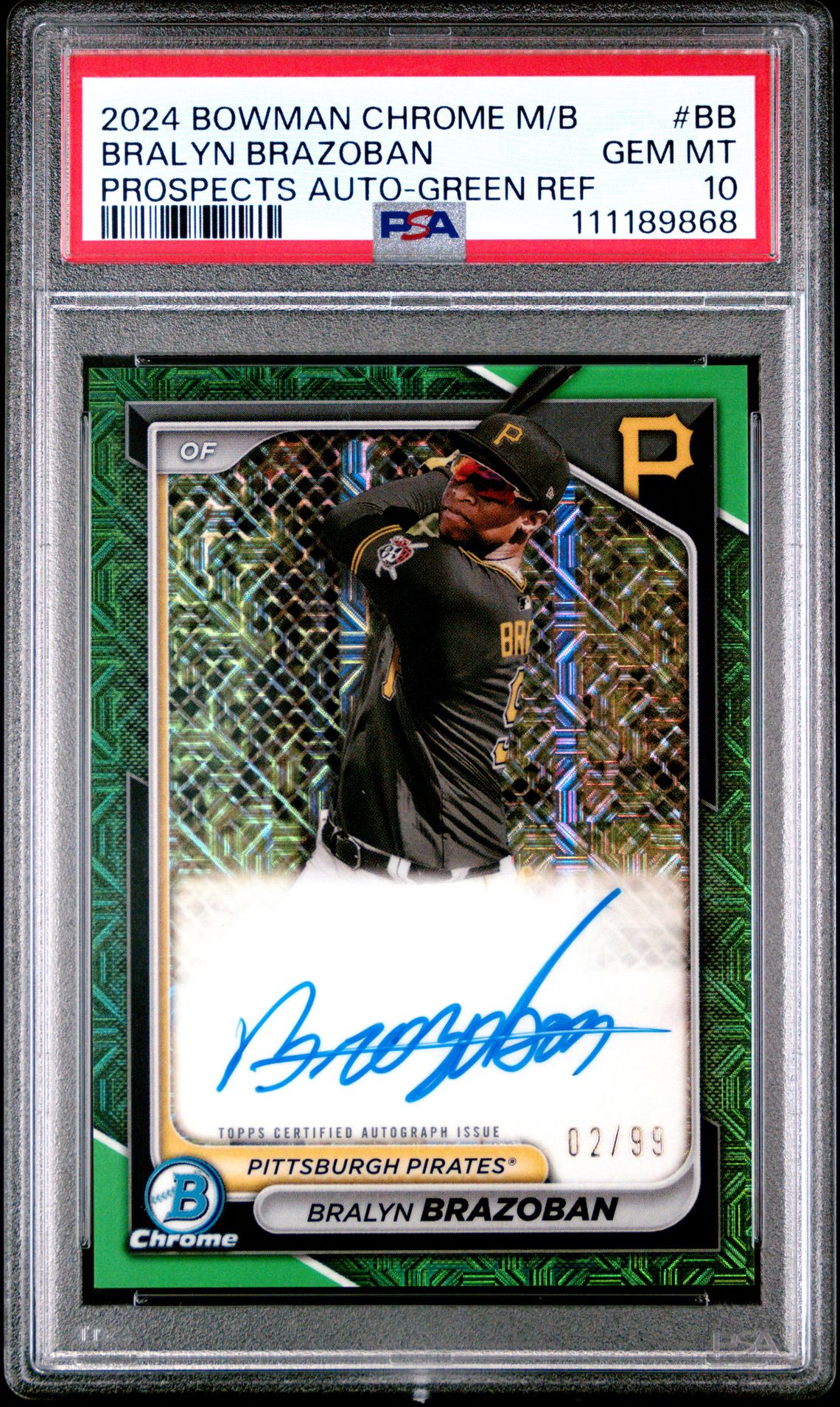 2024 Bowman Mega Box Chrome Bowman Prospect Mega Autographs Bralyn Brazoban #Bb (Prospects Auto-Green Ref) Gem Mt 10 front